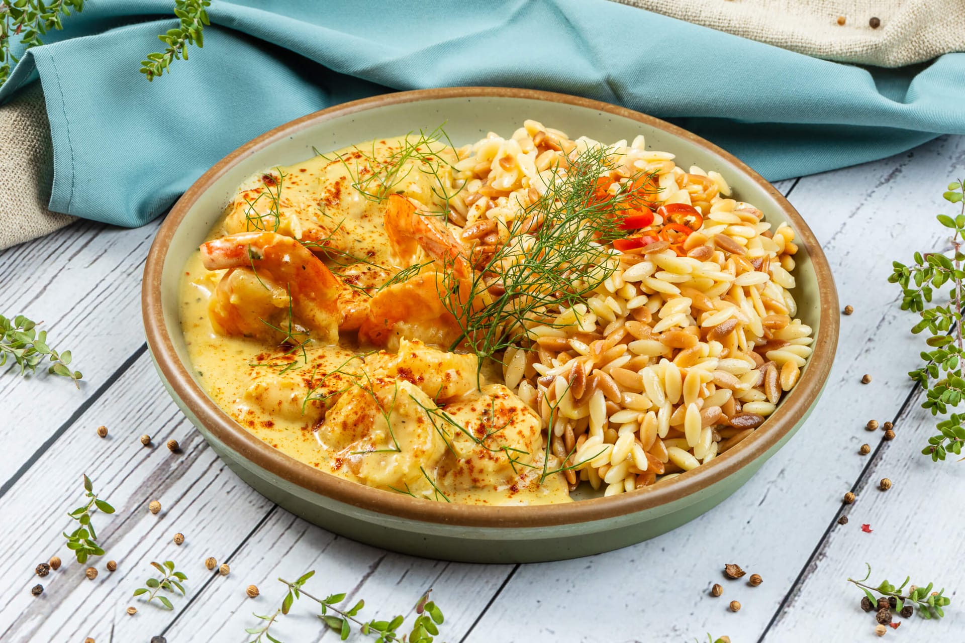 Orzo and shrimps with coconut